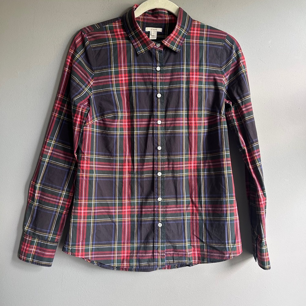 J.Crew Womens Tartan Plaid Button Down Shirt Navy Red Green Cotton‎ Size 4 35236